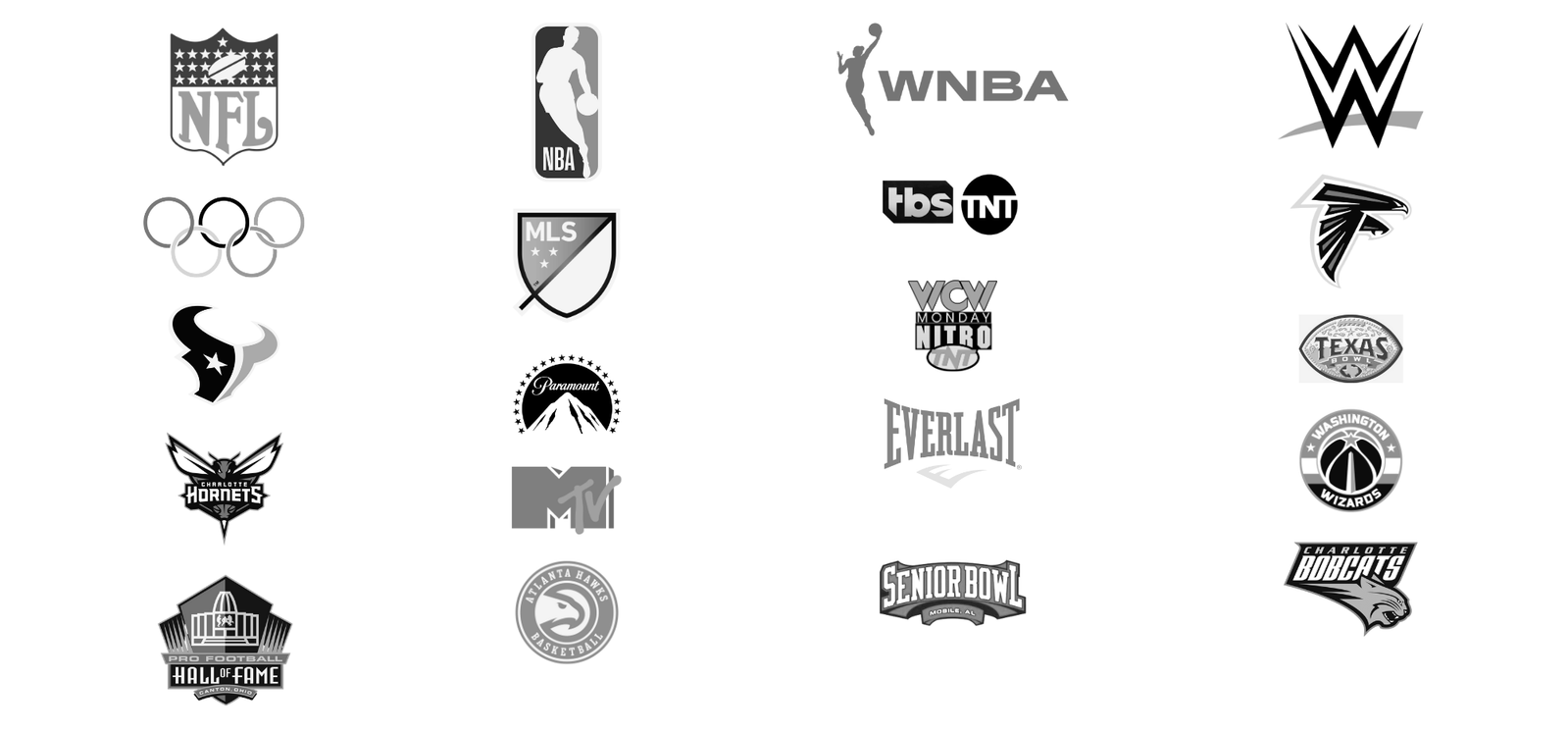 Logo wall of brands worked with: NFL, NBA, WNBA, WWE, the Olympic Games, MLS, TBS and TNT, Atlanta Falcons, Houston Texans, Paramount, WCW Monday Nitro, Everlast, Texas Rangers, Charlotte Hornets, MTV, Senior Bowl, Washington Wizards, Pro Football Hall of Fame, Atlanta Hawks, and Charlotte Bobcats