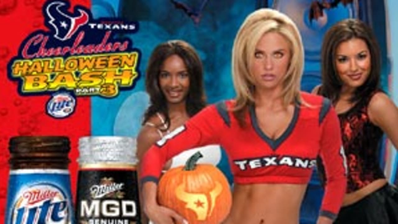 Houston Texans Cheerleaders Halloween Bash promotional creative, with Miller Lite and Miller Genuine Draft sponsorship branding.
