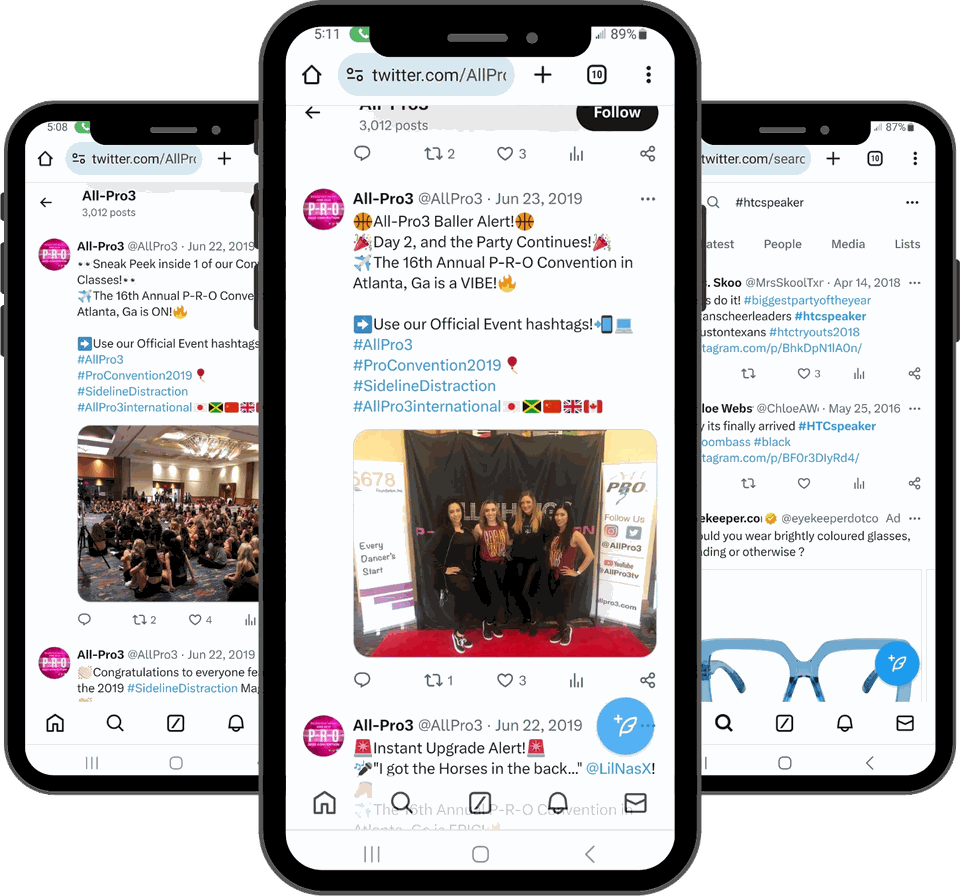 Three phone screens showing posts from the All-Pro3 account program, including P-R-O Convention coverage and the #HTCspeaker hashtag feed.